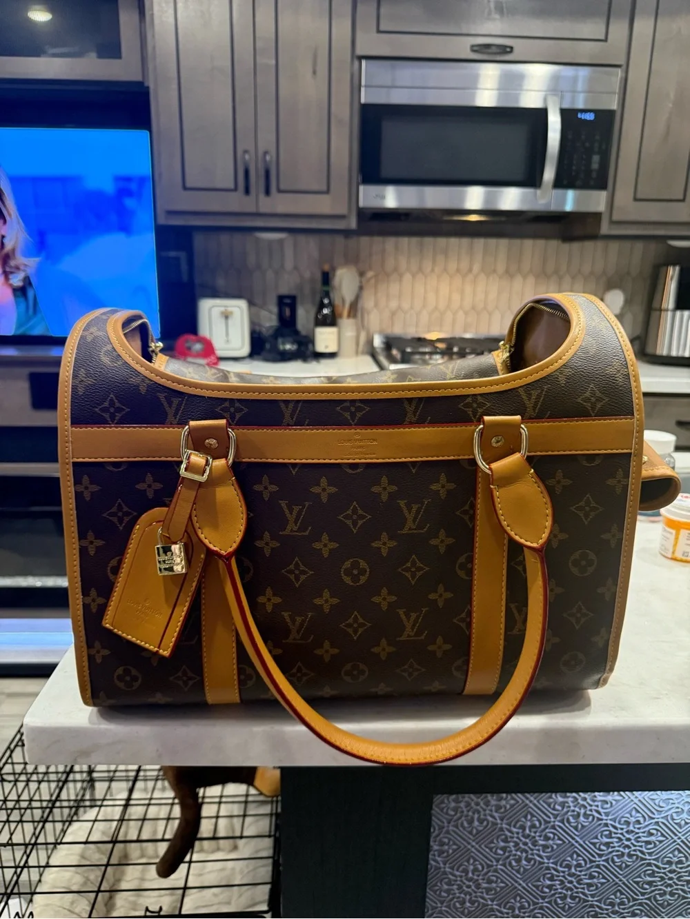 Luxury Monogram Brown Leather Crossbody Bag with Tan Trim